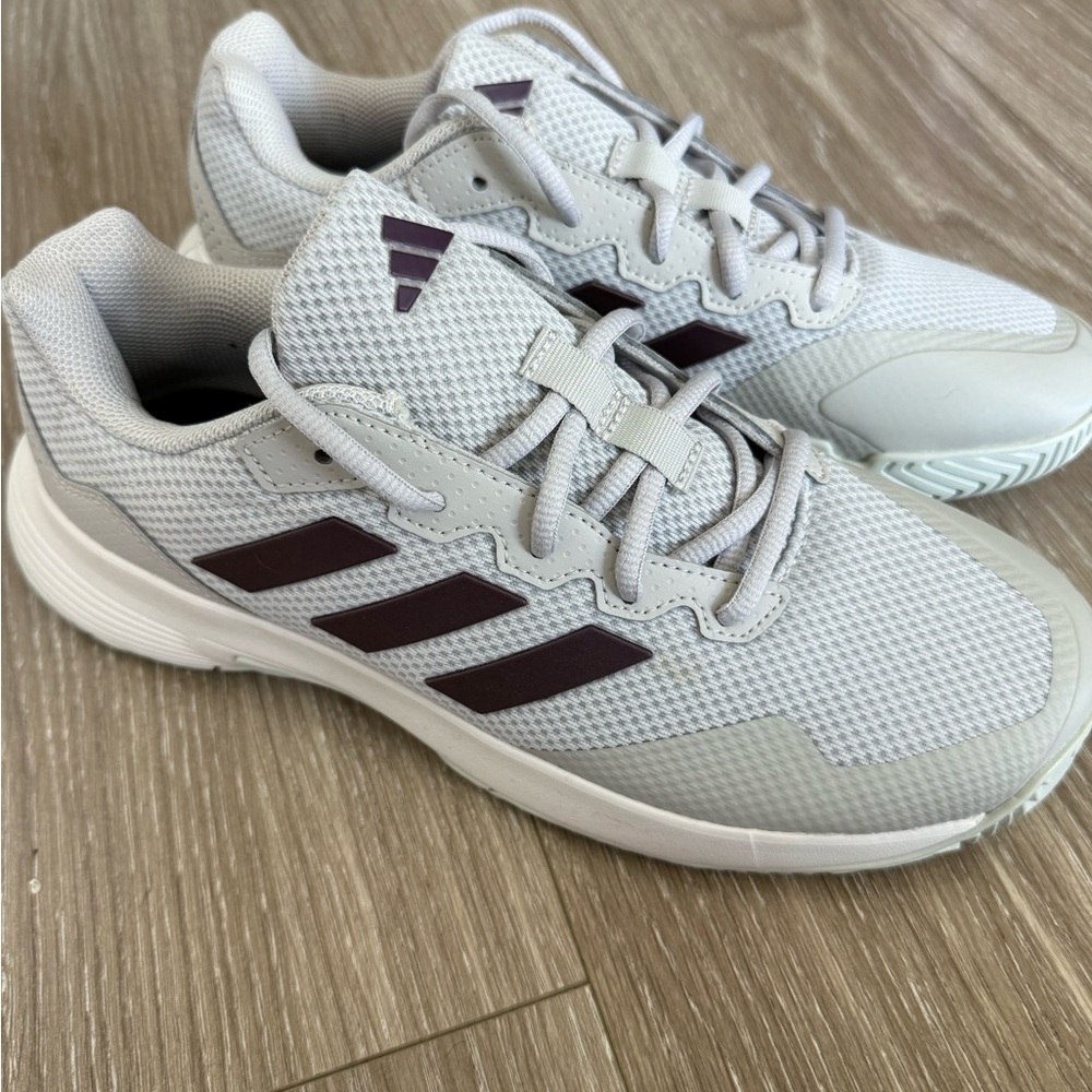 Adidas Light Gray Mesh Sneakers with Purple Three Stripes